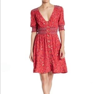 Nordstrom Smocked Red Floral Button Up Dress size 6